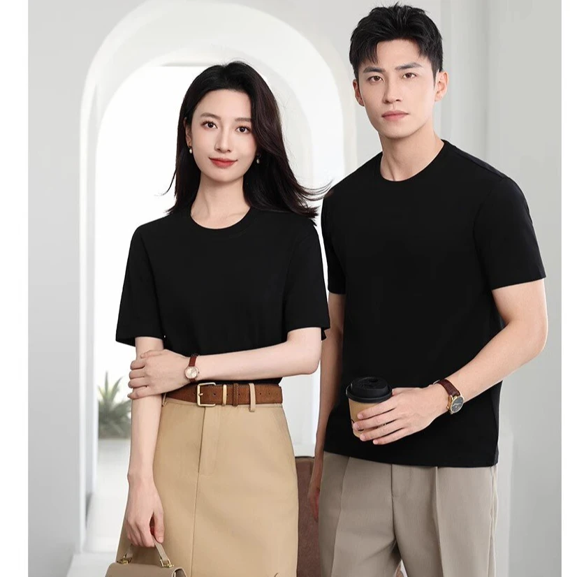 休闲T恤情侣重磅精梳长绒棉短袖圆领云柔水光T打底衫男女纯棉t恤