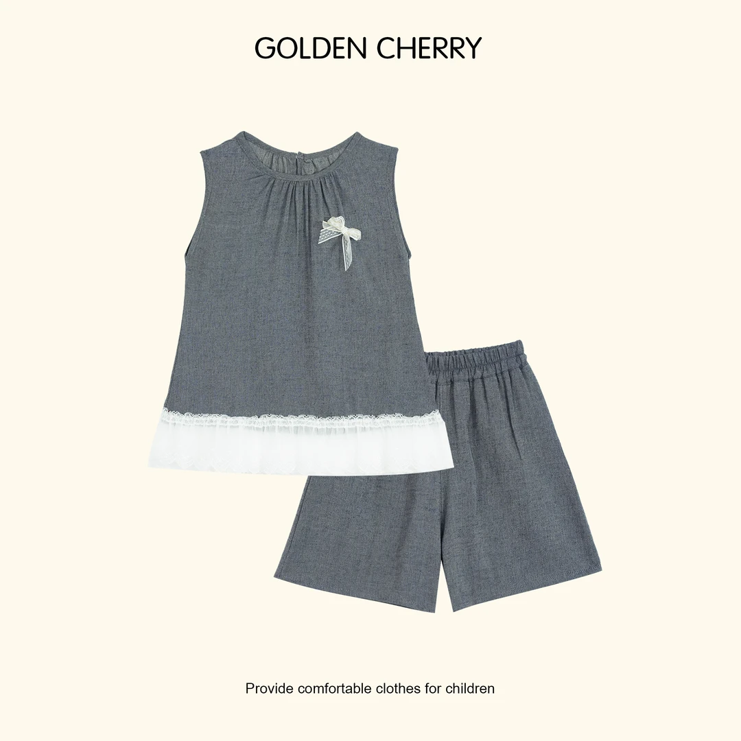 【金樱桃Golden cherry】小童灰色蝴蝶结裙摆拼接套装QDD288