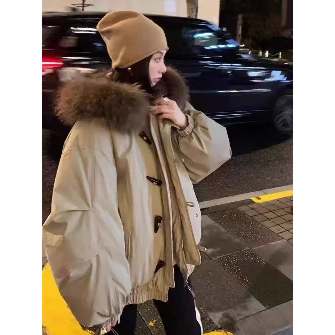 西西  美式牛角扣大帽子显瘦宽松棉服外套（毛领可拆卸）