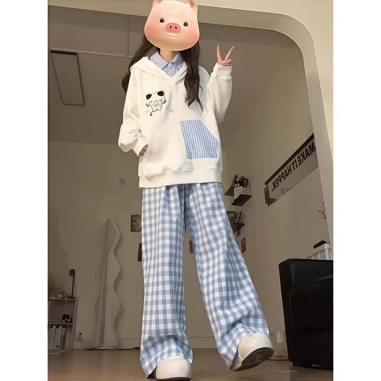 春秋季美式可爱假两件猫咪刺绣连帽卫衣女慵懒学院风chic宽松外套