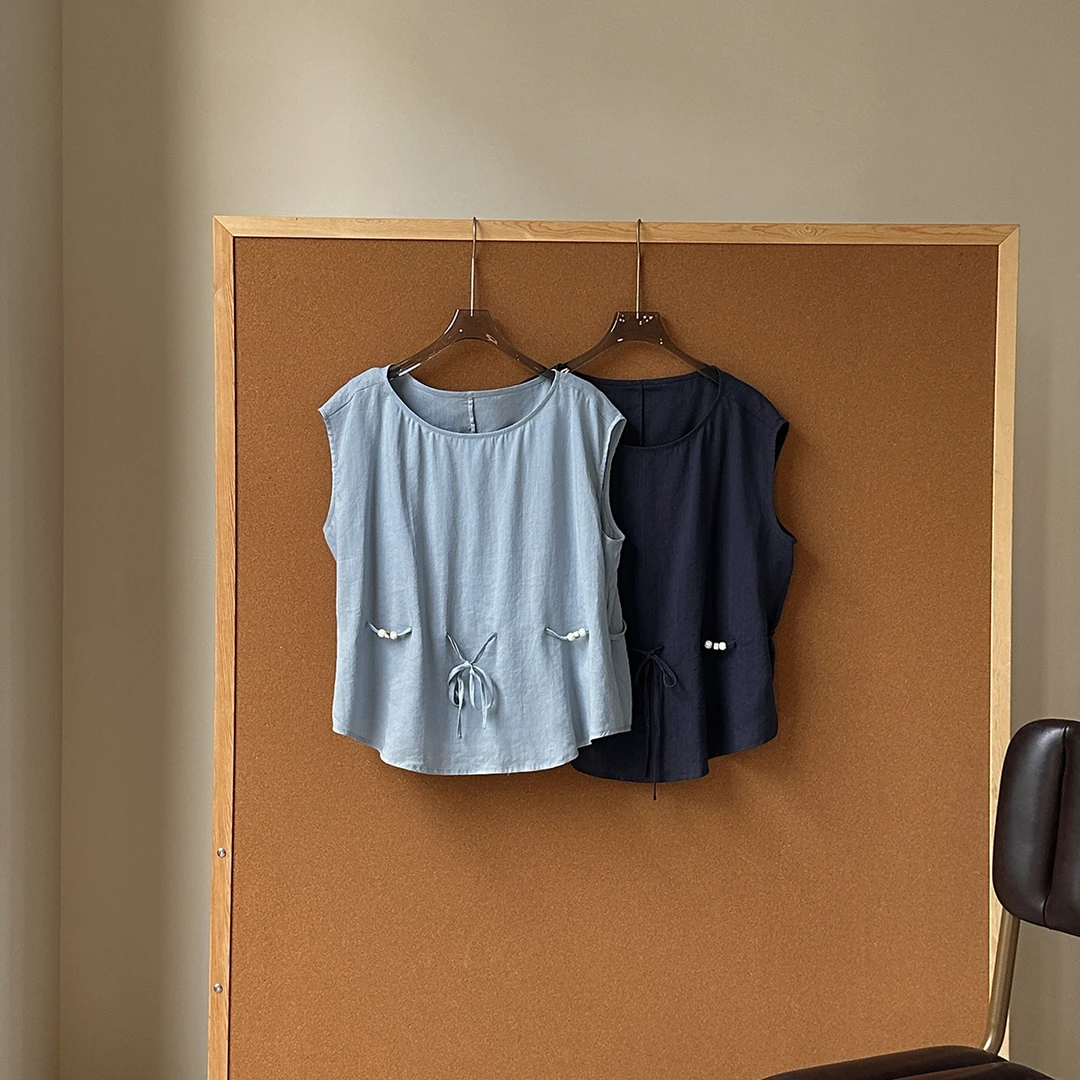 百搭时尚简约气质圆领轻透舒适抽绳背心衬衫-J25218321