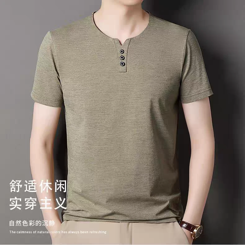 鸿洋220夏季男士纯色简约V领短袖T恤休闲商务修身