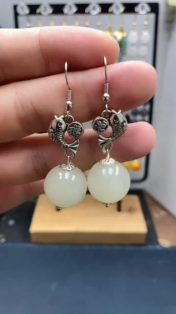 银S925镶嵌和田玉耳饰尺寸16mmA1