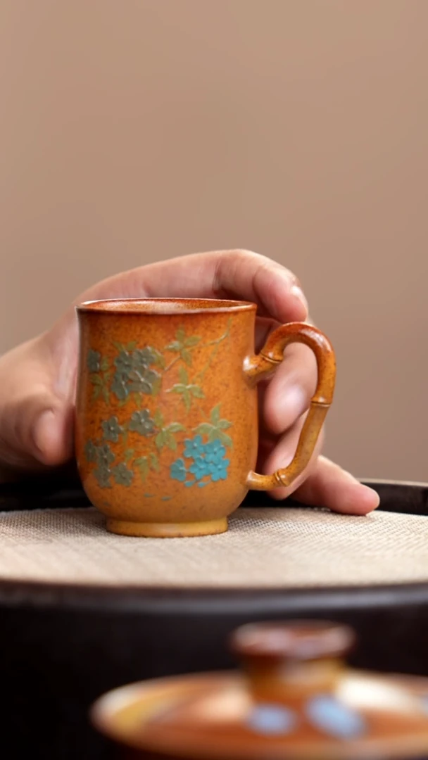 茶壶紫砂柴烧竹节手把杯蓝花