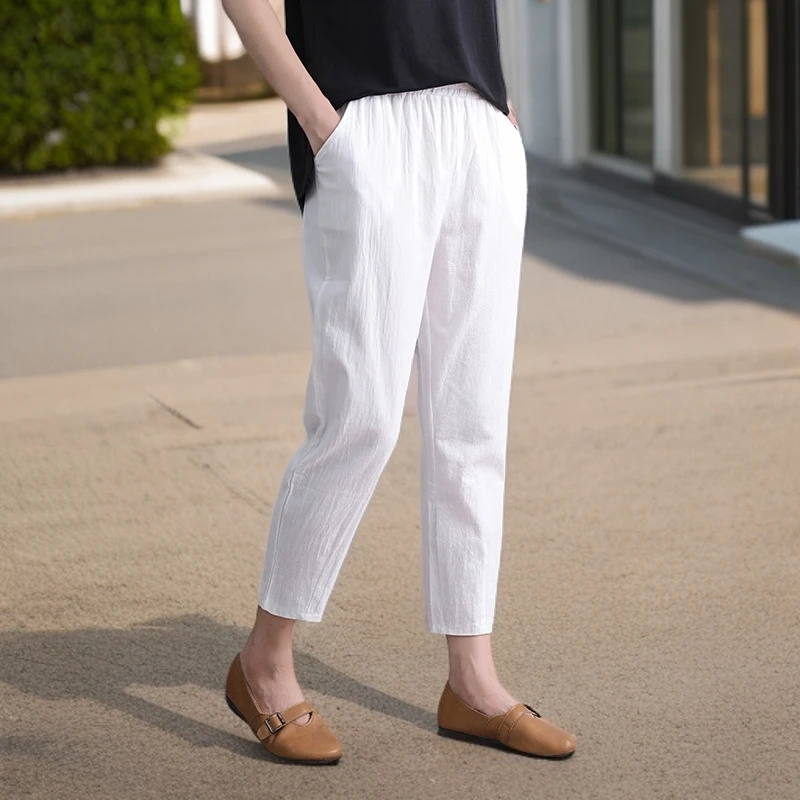 夏季薄款裤子韩版棉麻哈伦裤女宽松大码显瘦百搭白小个子女装九分