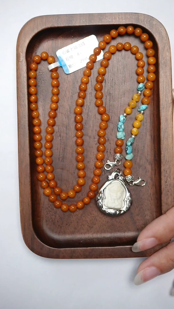 【闪购商品】琥珀颈饰银S925镶嵌白蜡老蜡项链4mm