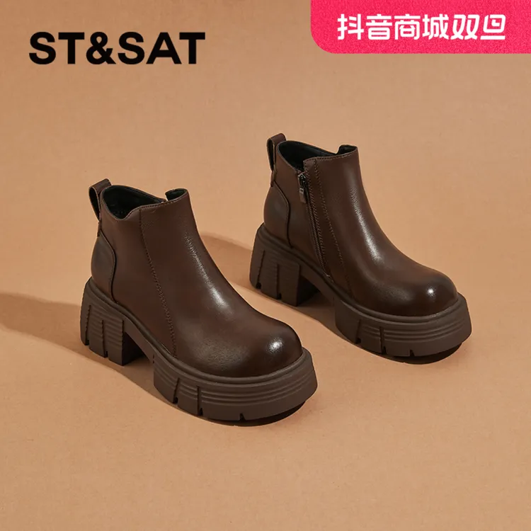 星期六冬季加绒靴子2024新款爆款洋气英伦风明星同款鞋女款烟筒靴