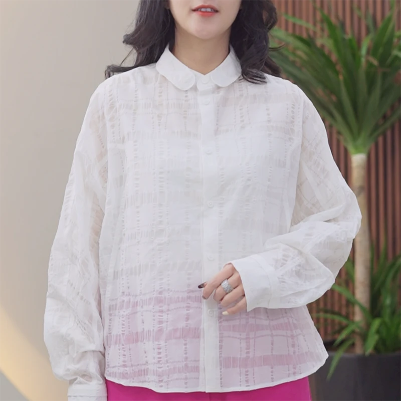 纯棉薄款格子朦胧衬衫女微透不漏肉大码防晒休闲镂空衬衣春季外套