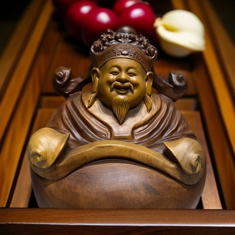 如意圆墩墩财神招财木雕工艺品