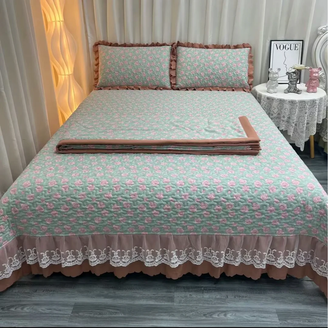 床盖四件套夏凉被空调防滑加厚夹棉蕾丝边碎花韩版公主风四季通用