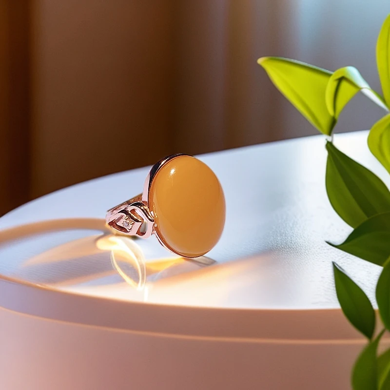 【云飞珠宝】天然俄料蜜蜡蛋面戒指气质轻奢时尚百搭