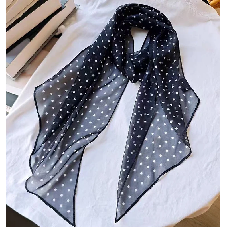 法式复古波点乔其桑蚕丝丝巾轻薄长条领巾气质百搭配饰160CM*30CM