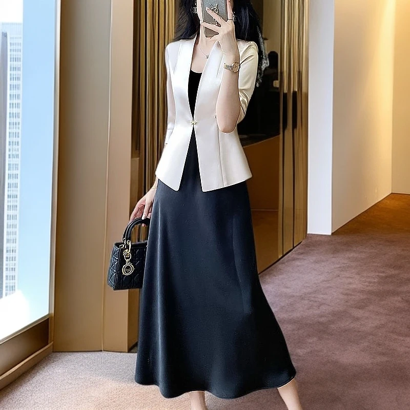 西装外套女士杏色无领洋气西服套裙高端职业气质女神范夏季薄款