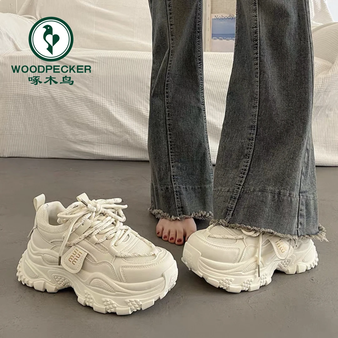啄木鸟显脚小厚底老爹鞋女春秋季增高2025新款爆款百搭休闲运动鞋