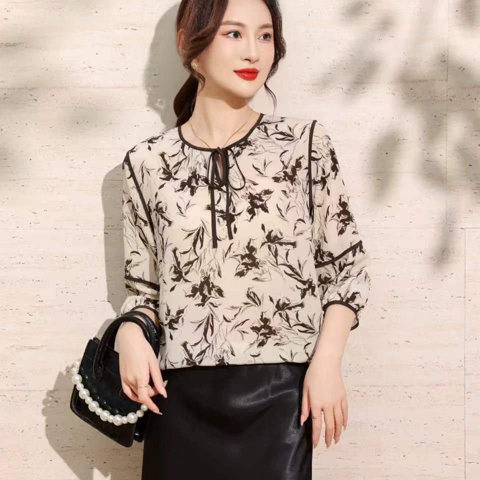 【繁花】100%桑蚕丝 数兰朵双绉印花气质系带真丝圆领上衣五分袖