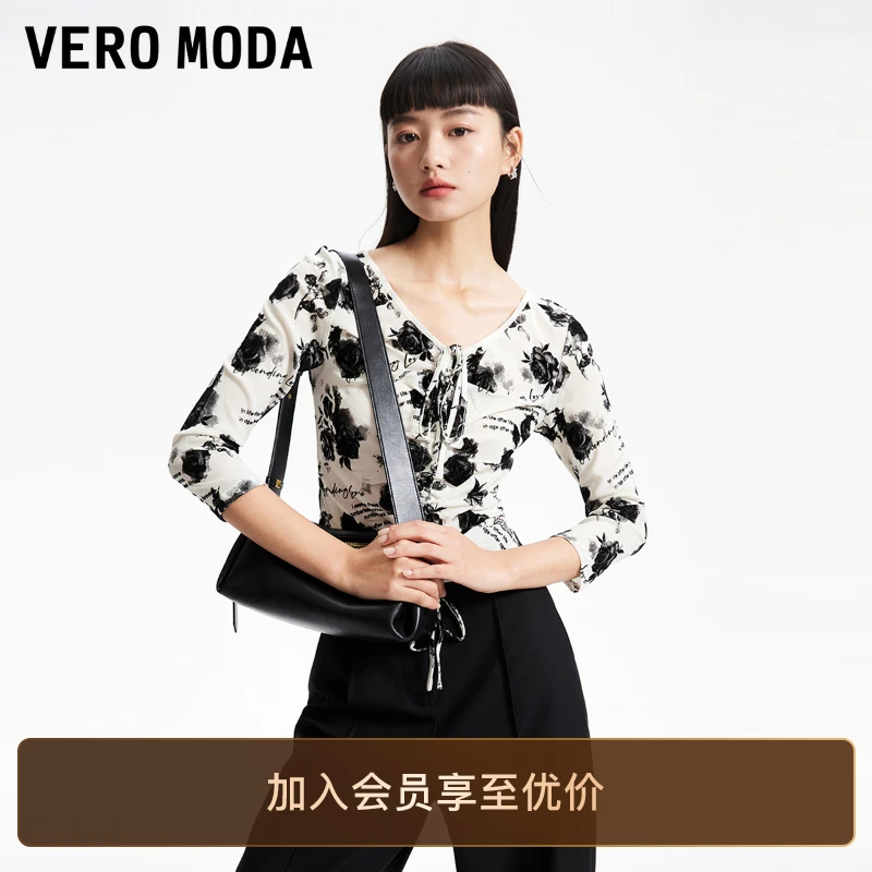 Vero ModaT恤女玫瑰植绒印花街头V领七分袖洋气衣服网红慵懒风