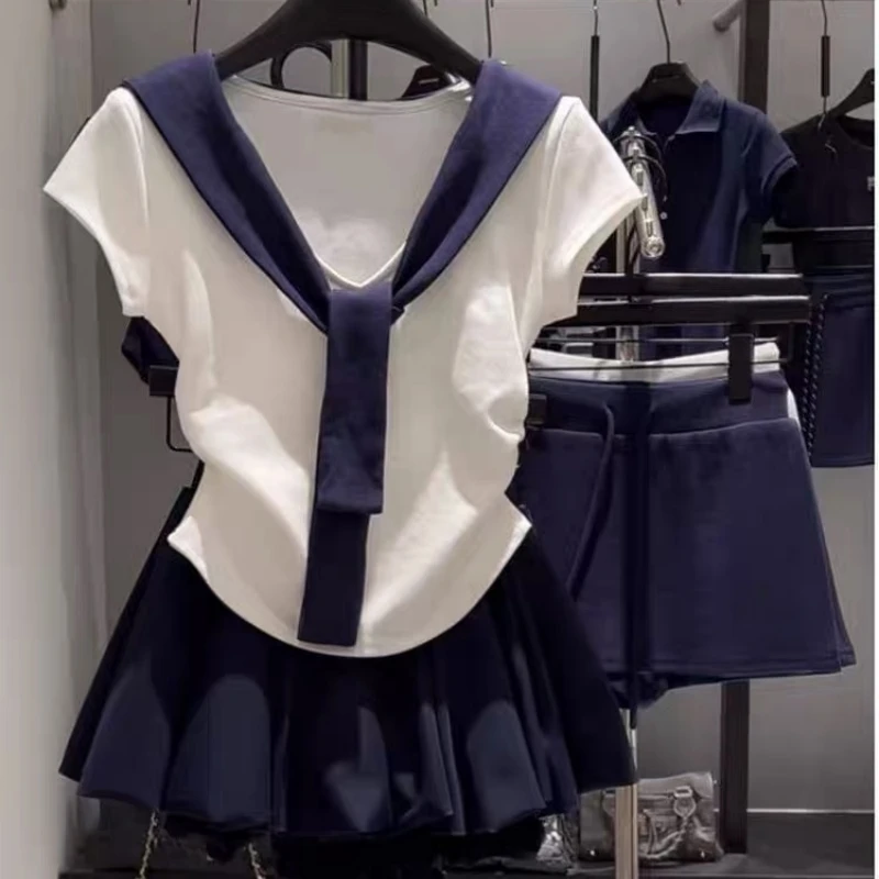 大码女装学院风撞色假两件短袖T恤2025新款夏季收腰显瘦披肩上衣
