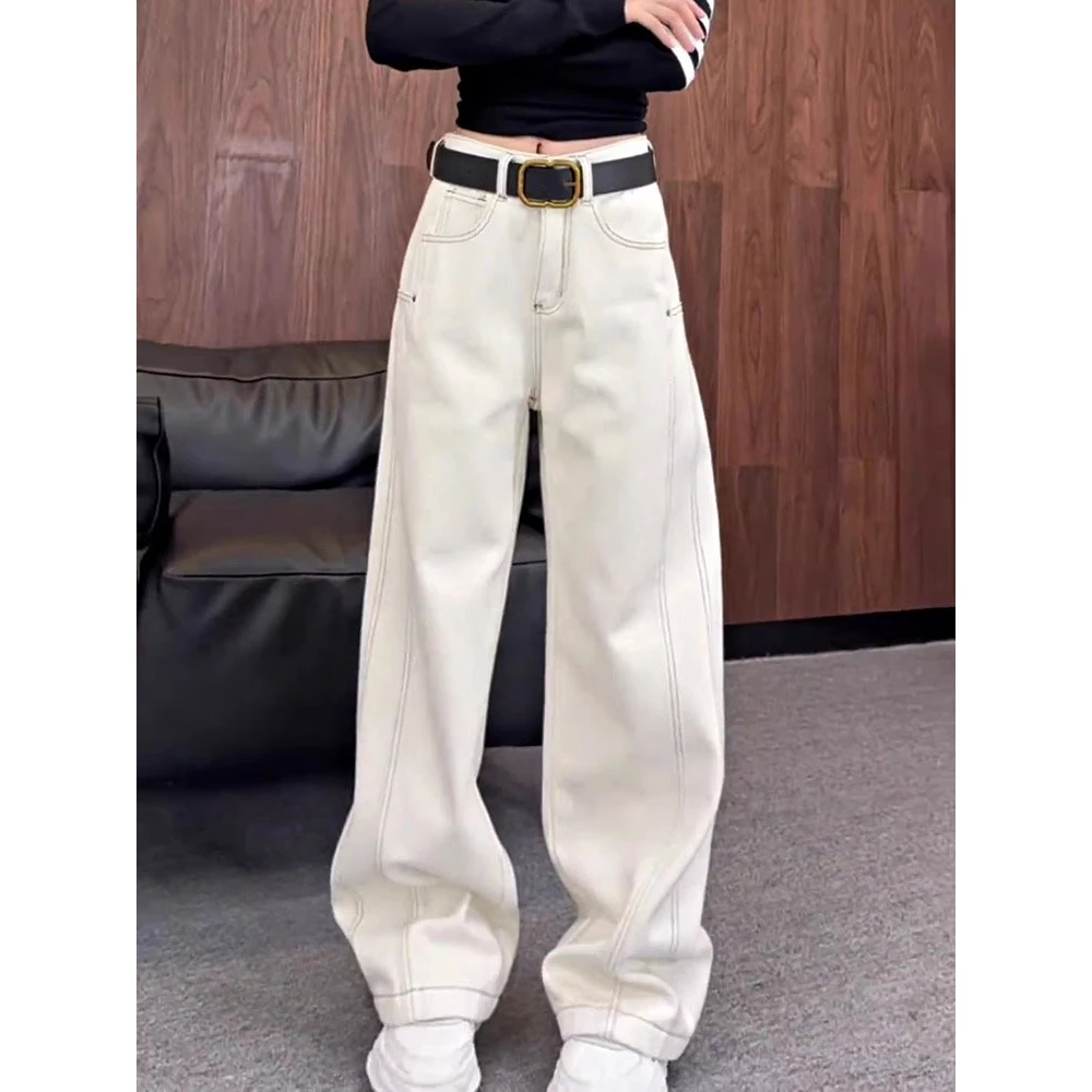 米白色阔腿弯刀牛仔裤女2026秋冬加绒新款高腰宽松显瘦垂感直筒裤
