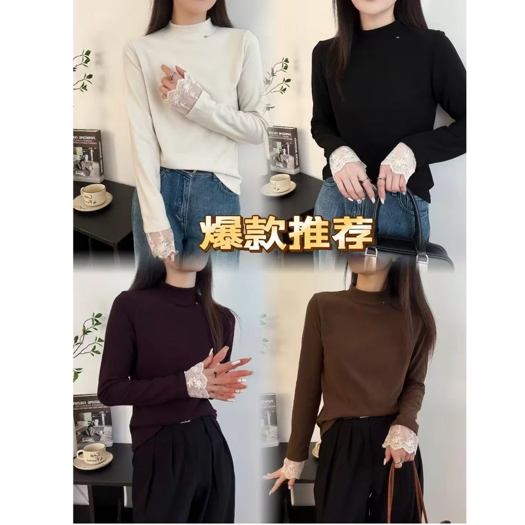 8091  U.me2024冬季韩版双面奥绒时尚休闲简约拼接蕾丝加绒上衣女