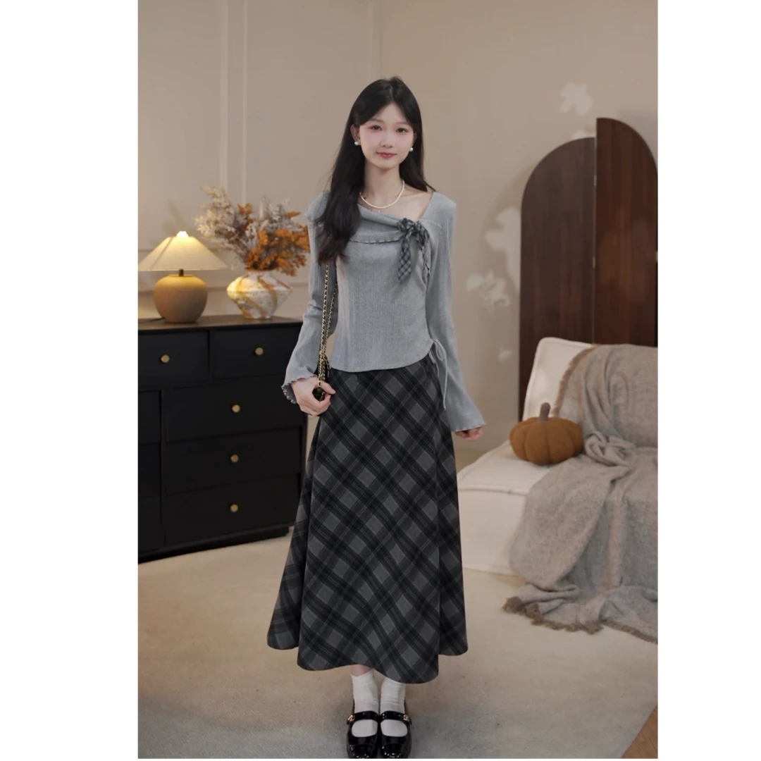 鹿向南「灰柏林纪事」学院风复古女秋季新款灰色针织上衣格纹半裙