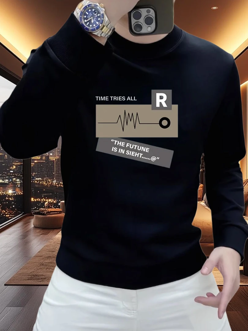 高级感重磅轻奢痞帅男装波浪印花卫衣时尚圆领爆款2025新款上衣