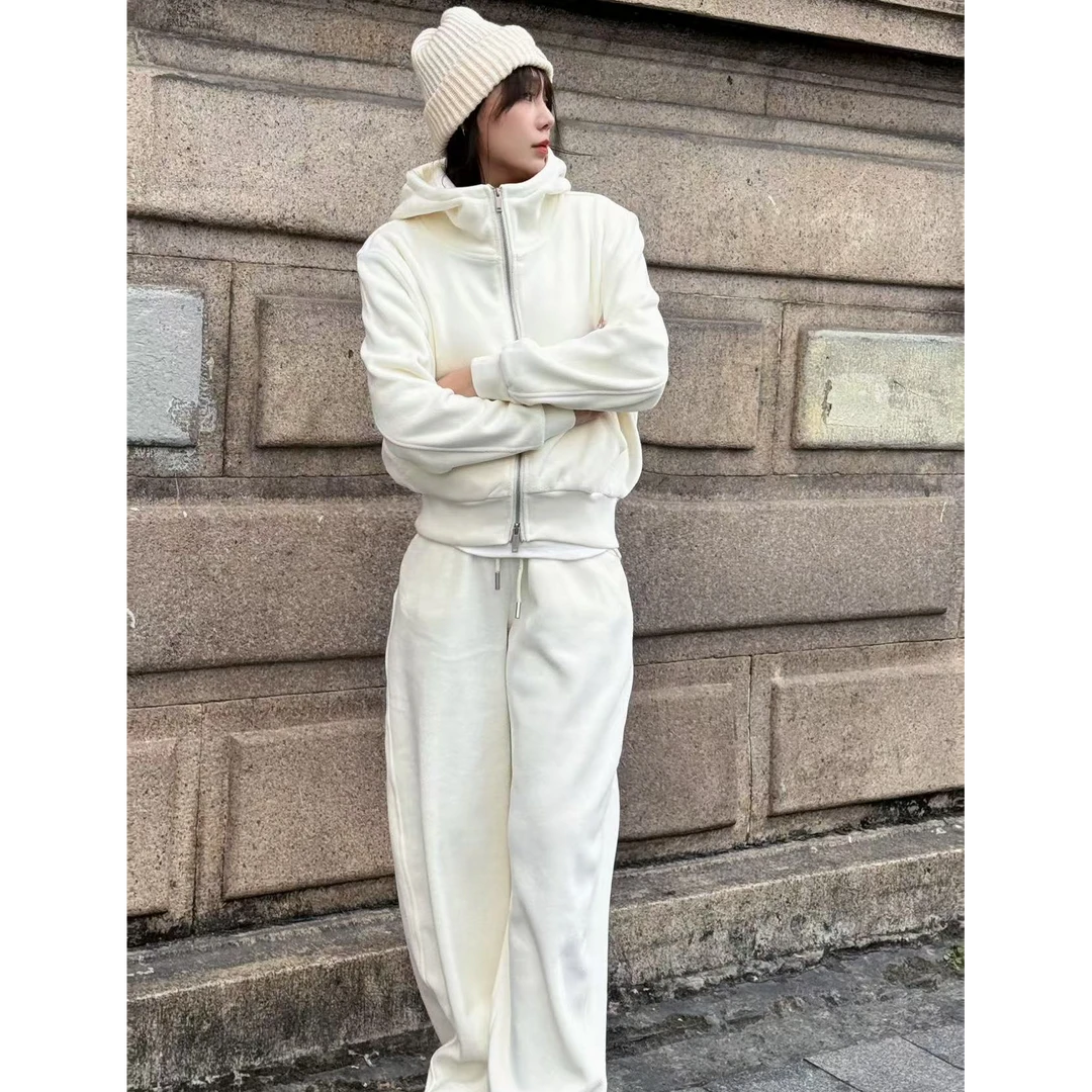 大毛毯】【纯色极简修身奥粒绒套装简约长袖带帽+镰刀裤两件套-茉莉