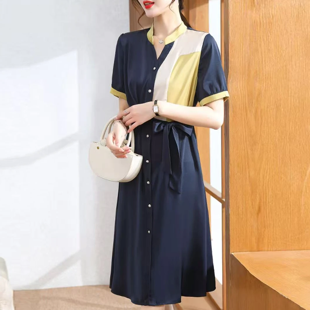 【撤柜断码甩】M1636女装撞色连衣裙气质时尚休闲中长款裙子潮