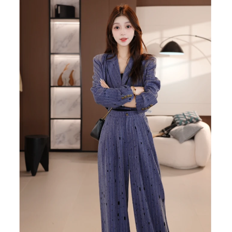 【九九】高级感西装套装女烫钻镂空外套阔腿裤两件套24TZ076