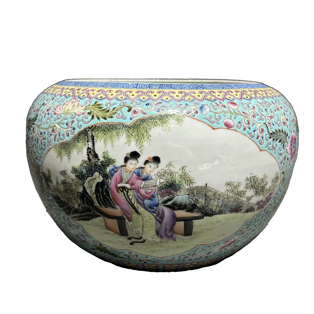 25201021g松石绿地粉彩人物故事纹笔洗