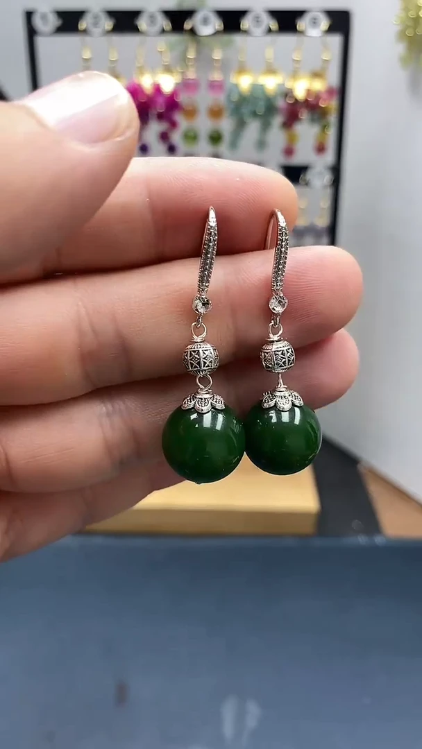 和田玉银S925镶嵌耳饰尺寸14mmA3