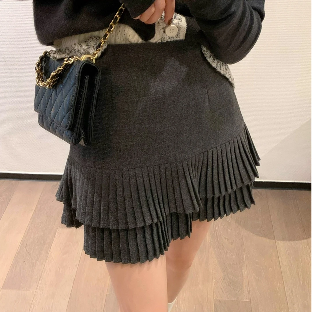 巨好看大码毛呢百褶半身裙女2025秋冬季新款A字学院风蛋糕短裙子