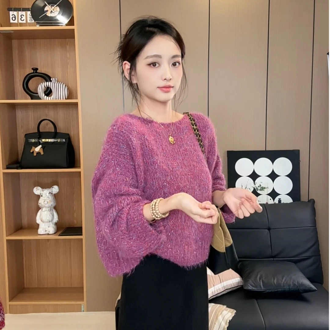 韩系圆领套头毛衣女秋冬慵懒风毛茸茸长袖软糯上衣宽松大码针织衫