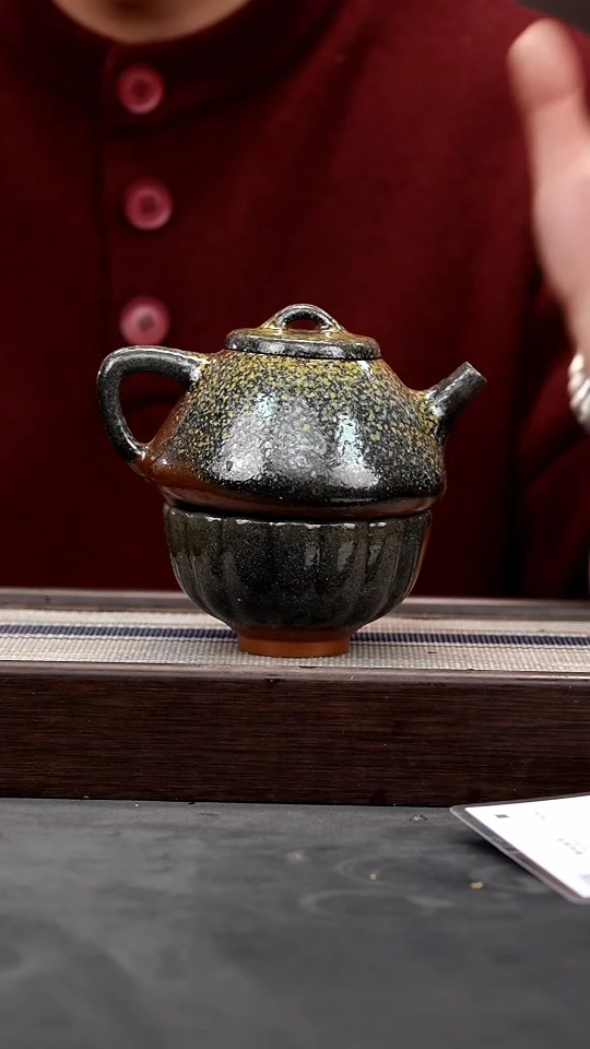 【闪购商品】紫砂茶壶【隆煌窑】柴烧阴阳子冶石瓢+阴阳花瓣杯