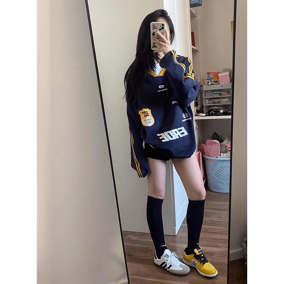 复古球衣纯棉t恤女设计感V领撞色条纹春秋季宽松情侣时髦长袖上衣