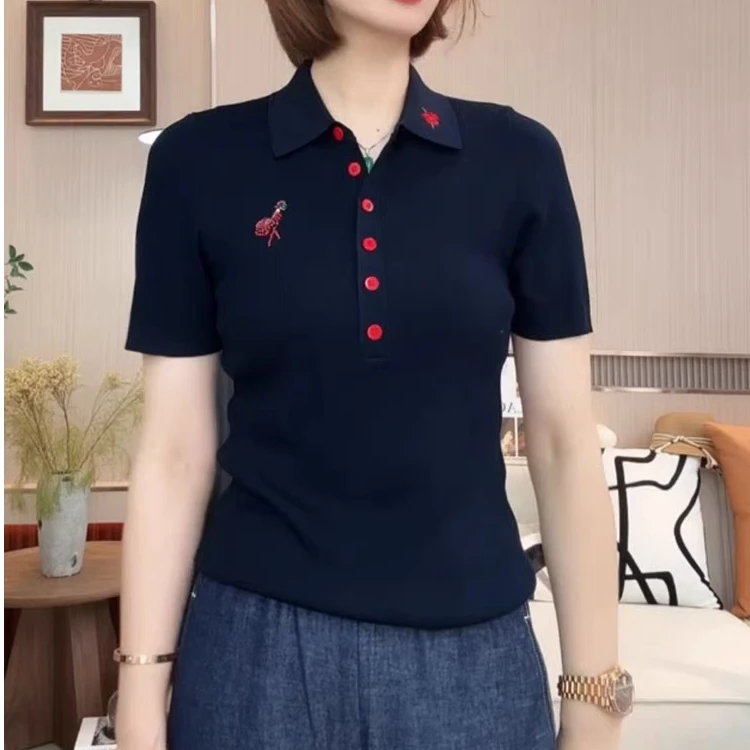 夏新款火烈鸟钉珠刺绣设计感短袖套头上衣单排扣POLO领针织显瘦女