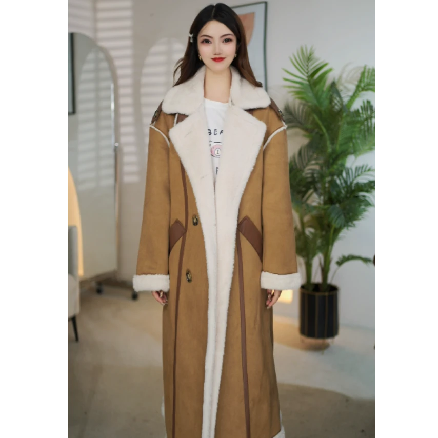 冬季新品时尚长款加厚加绒双排扣毛毛外套-82059