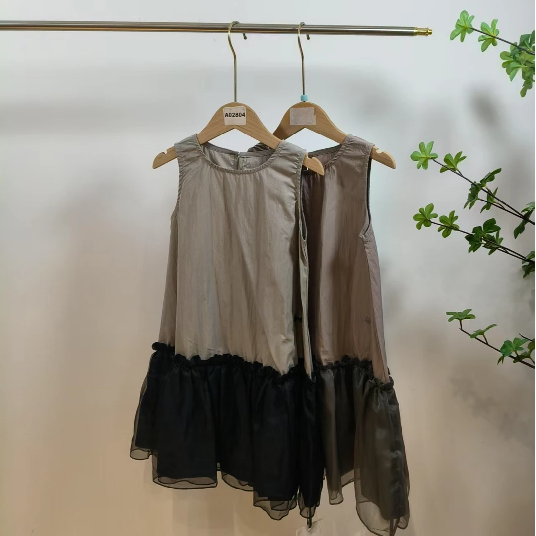 2-292-一跨两色女童夏季无袖背心网纱拼接连衣裙（62534）