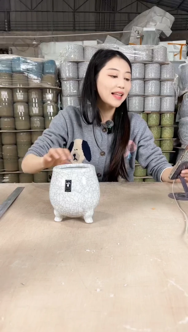 【闪购商品】陶瓷三脚裂纹灰白11x14