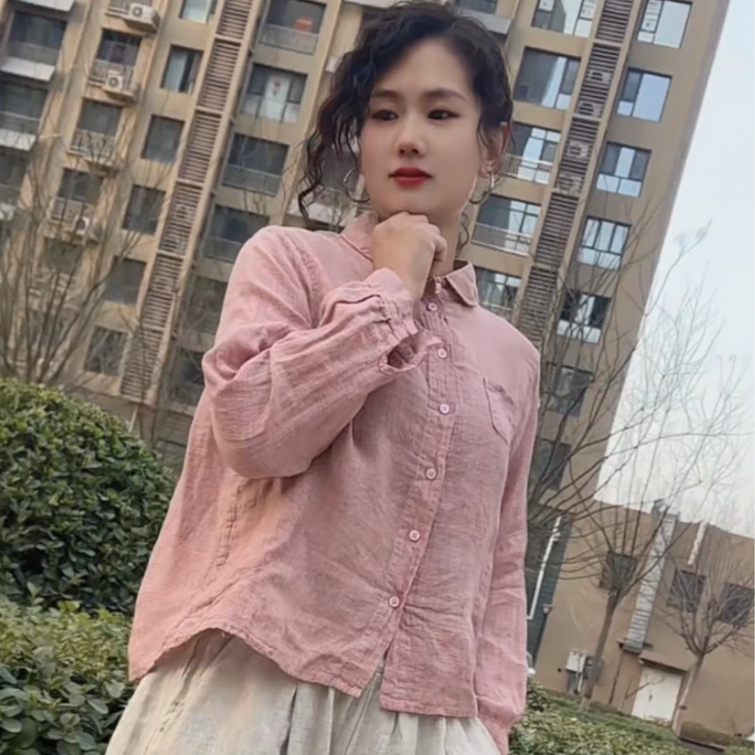 66150休闲色织亚麻百搭娃娃领衬衣开衫 衣长59左右 穿到155斤