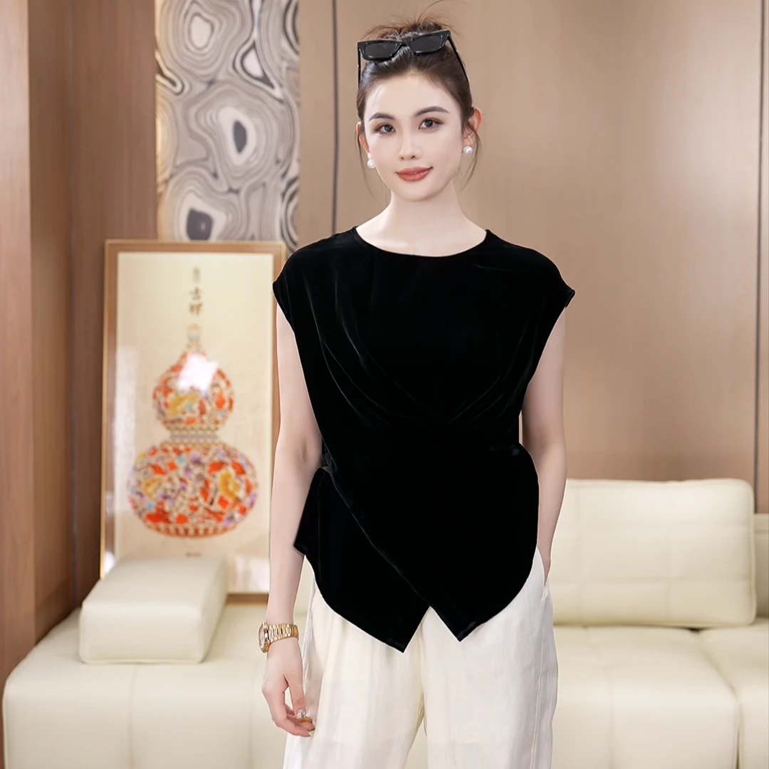 前交叉系扣设计真丝丝绒黑色显瘦圆领夏季短袖上衣A050820
