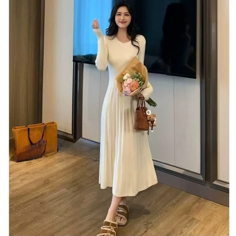 mulisha/穆丽莎小个子配大衣内搭毛衣裙女长袖打底修身针织连衣裙