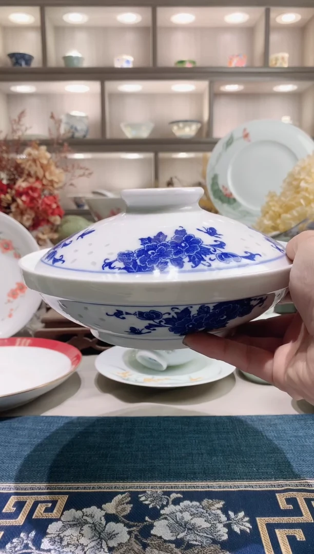 【闪购商品】3级品高温白瓷青花玲珑8英寸合器
