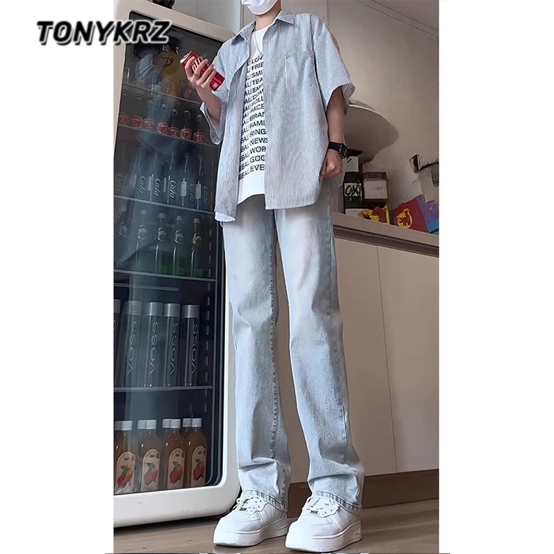 TONYKRZ浅蓝色微喇牛仔裤男女美式高街窄版直筒裤显瘦弯刀长裤子