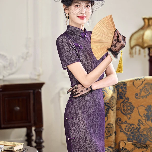 GUXI/故汐显瘦提花日常夏季气质中国风修身复古中式紫色时尚旗袍