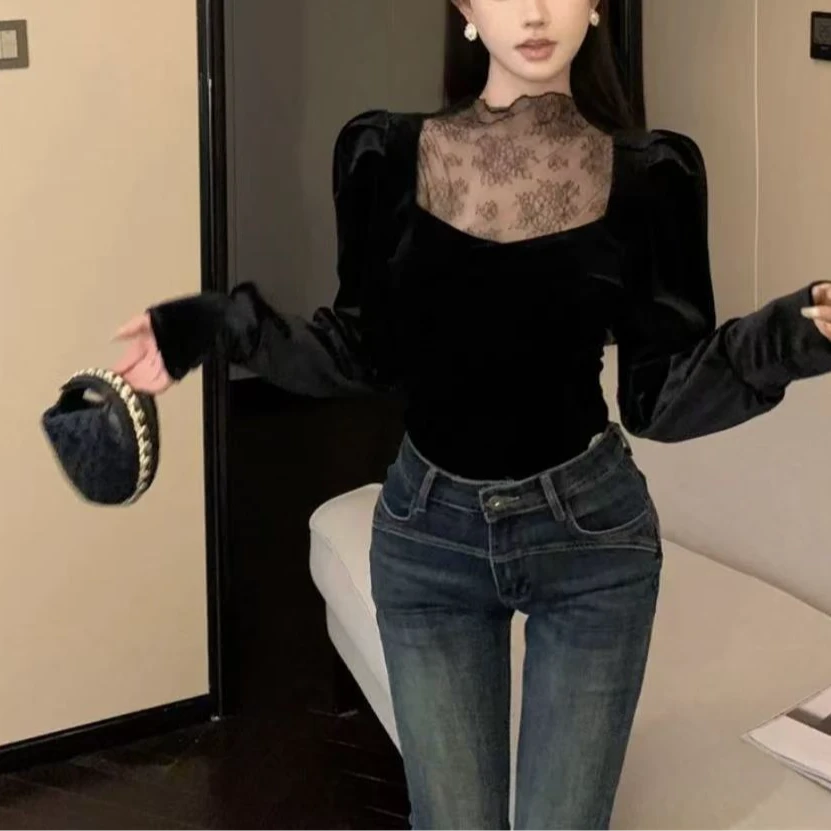 [DARUI]纯欲气质蕾丝拼接长袖T恤甜辣妹半高领修身打底衫女8983