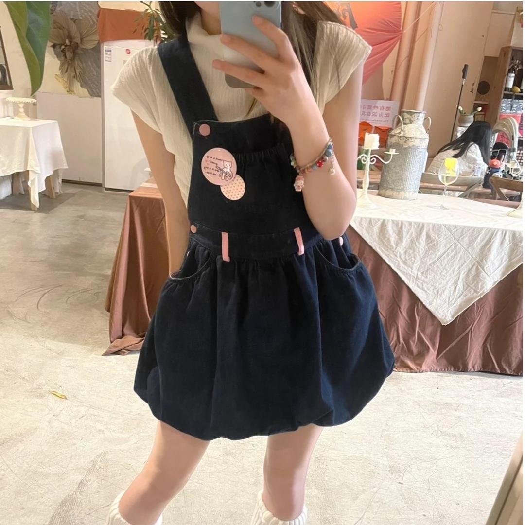 日系少女甜美可爱复古高腰2025年夏新款牛仔背带花苞蓬蓬连衣裙女