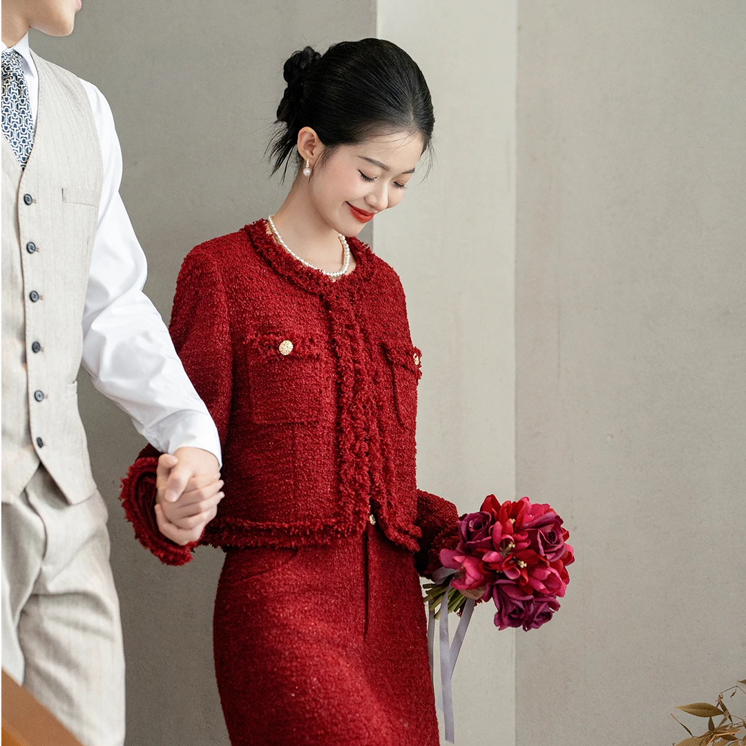 【巴洛克舞会】小香风套装敬酒服春季外套红色回门订婚礼服