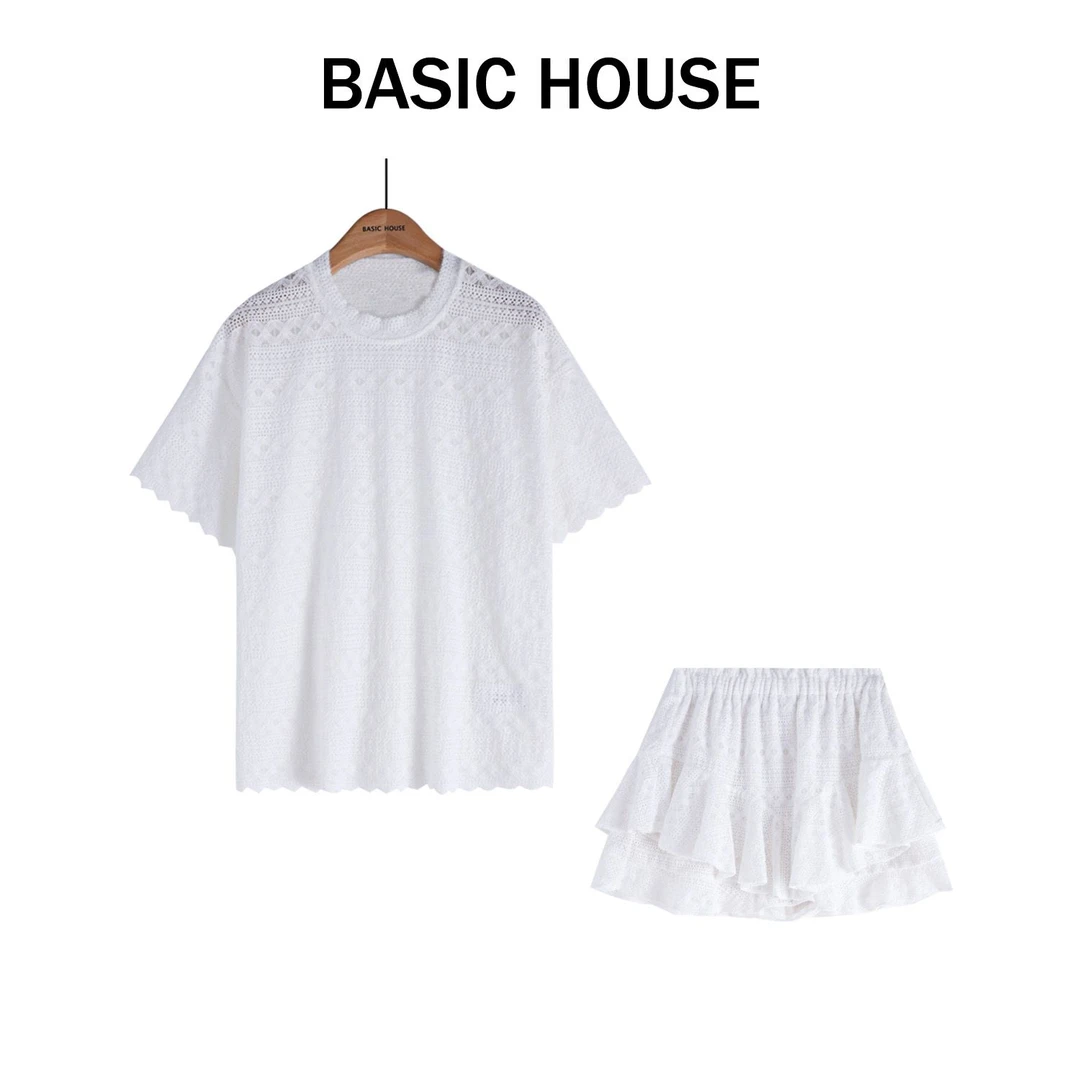 Basic House/百家好优雅微透清凉法式镂空女短袖套装B1335B57P82