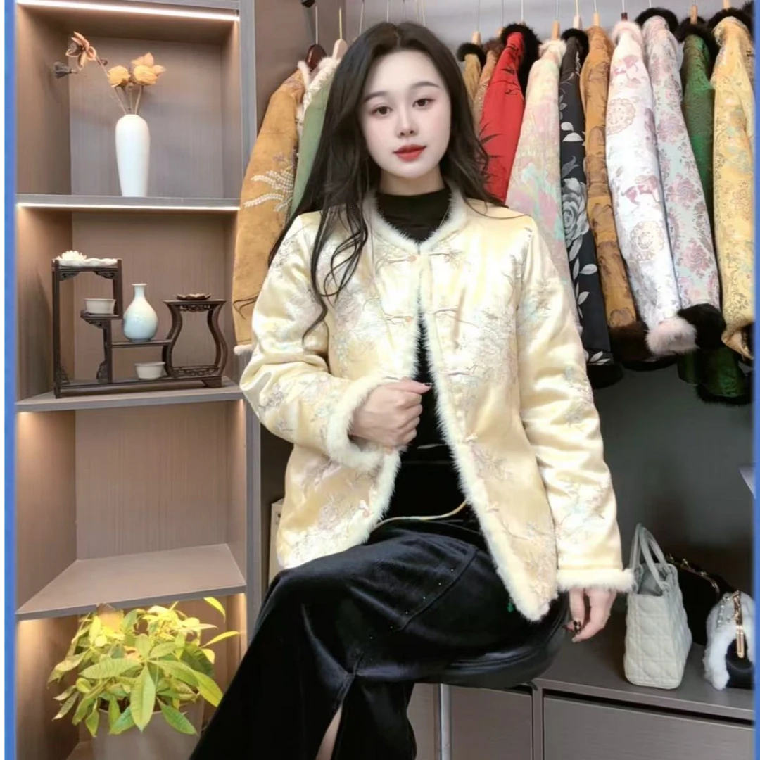 双面穿新中式冬季皮毛一体圆领上衣水貂毛新中式唐装提花外套S101