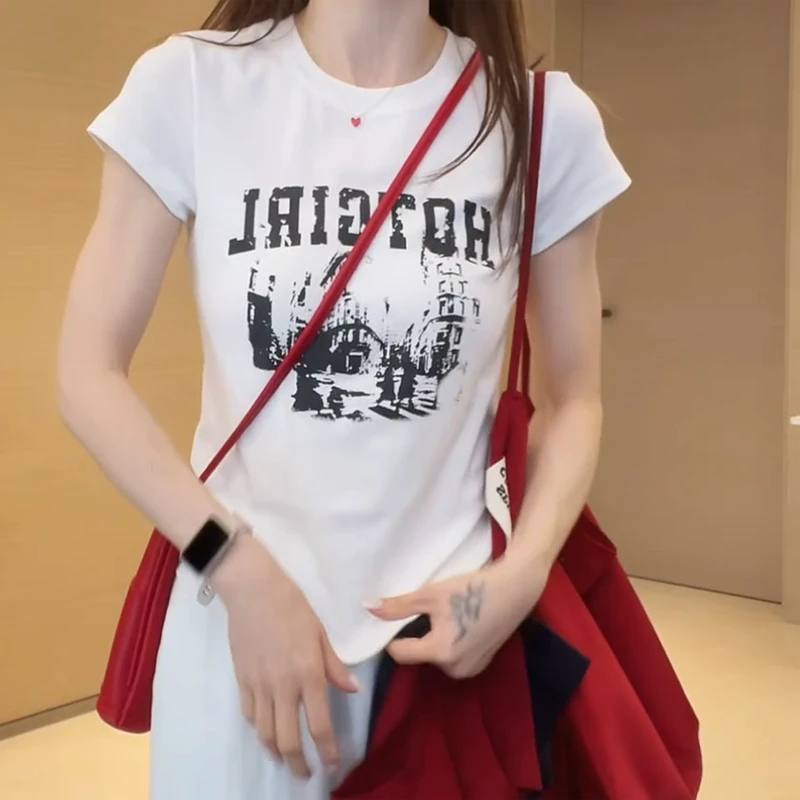 【清货款】显瘦美式复古白色百搭短袖t恤女修身打底正肩健身上衣